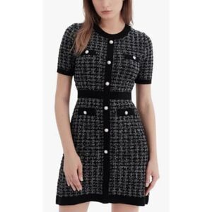 URBAN REVIVO Women's Sweater Dress Knit Tweed Dress Short Sleeve Pearl Button